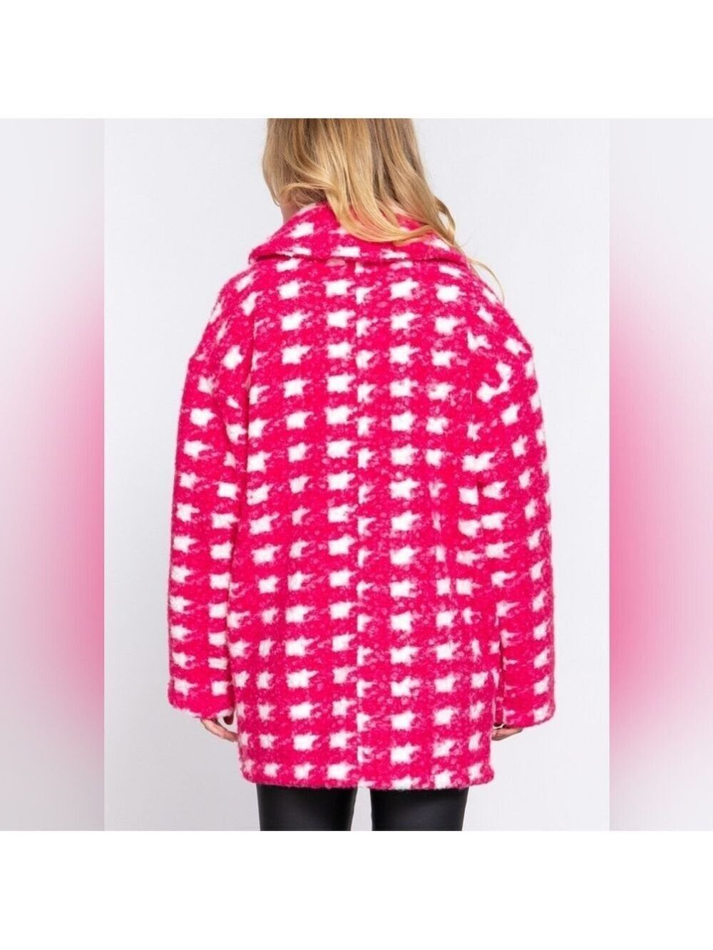 NWT Pink Plaid Fleece Pea Coat Women’s Cozy Teddy Jacket Small Medium Large - Picture 5 of 5